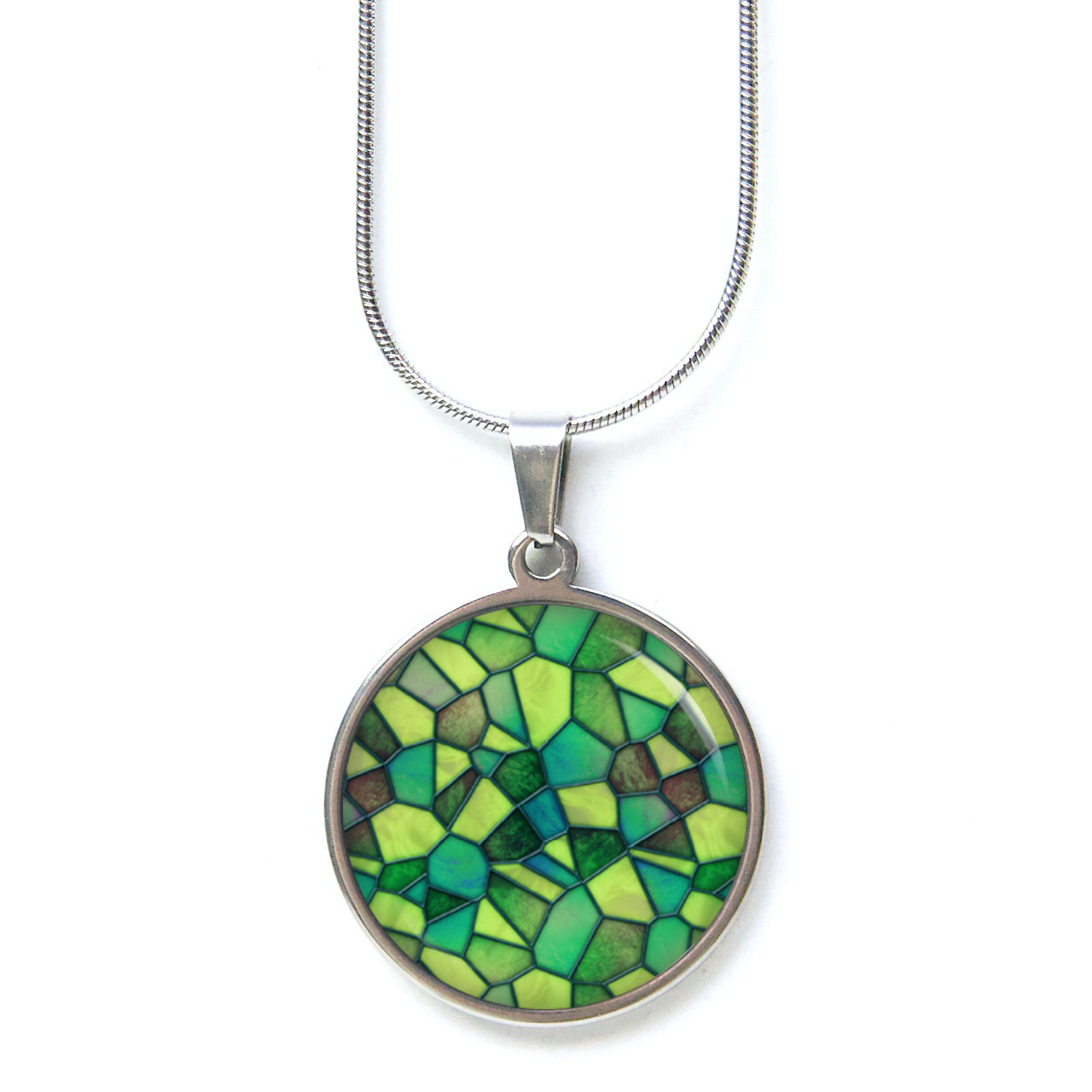Edelstahl Kette Muster Mandala Mosaik in verschiedenen grün Tönen Edelstahl Kette Muster Mandala Mosaik in verschiedenen grün Tönen