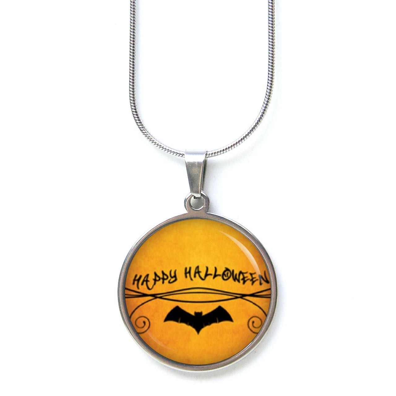 Edelstahl Kette Happy Halloween Fledermaus orange schwarz Edelstahl Kette Happy Halloween Fledermaus orange schwarz