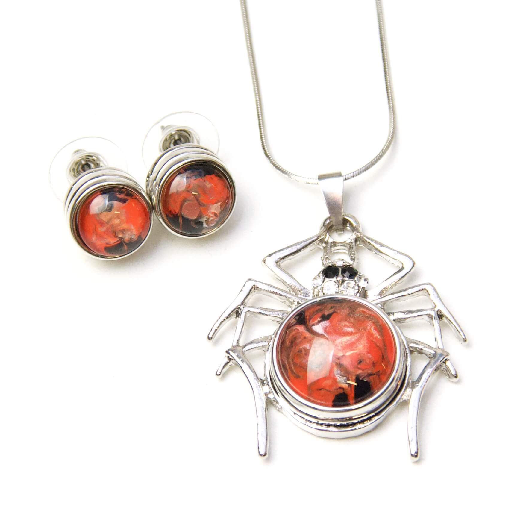 Druckknopf Set Anhänger Halloween Spinne mit Kette und Ohrringe – Farbwahl Druckknopf Set Anhänger Halloween Spinne mit Kette und Ohrringe - Farbwahl