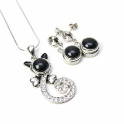 Druckknopf Set Katze mit Strass mit Kette und Ohrringe – Farbwahl Druckknopf Set Katze mit Strass mit Kette und Ohrringe - Farbwahl