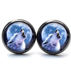 Ohrstecker, Ohrhänger, Clipse & Druckknopf – Motiv heulender Wolf mit Mond – Schmuck aus Edelstahl