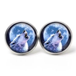 Ohrstecker, Ohrhänger, Clipse & Druckknopf – Motiv heulender Wolf mit Mond – Schmuck aus Edelstahl