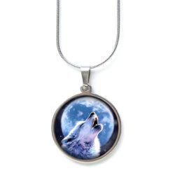 Edelstahl Kette heulender Wolf mit Mond - handgemachte Halskette - Just Trisha