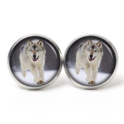 Ohrstecker, Ohrhänger, Clipse & Druckknopf – Motiv Wolf im Schnee – Schmuck aus Edelstahl