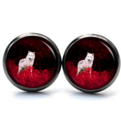 Ohrstecker, Ohrhänger, Clipse & Druckknopf – Motiv weißer Wolf im roten Wald – Schmuck aus Edelstahl