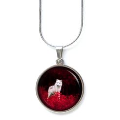 Ohrstecker, Ohrhänger, Clipse & Druckknopf – Motiv weißer Wolf im roten Wald – Schmuck aus Edelstahl