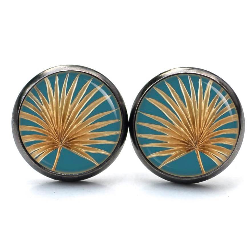 Ohrstecker, Ohrhänger, Clipse & Druckknopf – Motiv Palme Palmenblatt gold türkis – Schmuck aus Edelstahl Ohrstecker, Ohrhänger, Clipse & Druckknopf – Motiv Palme Palmenblatt gold türkis – Schmuck aus Edelstahl