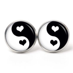 Ohrstecker, Ohrhänger, Clipse & Druckknopf – Motiv Yin Yang schwarz weiß Valentinstag Herz Herzen – Schmuck aus Edelstahl