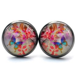Ohrstecker, Ohrhänger, Clipse & Druckknopf – Motiv bunter Schmetterling mit Blättern – Schmuck aus Edelstahl Ohrstecker, Ohrhänger, Clipse & Druckknopf – Motiv bunter Schmetterling mit Blättern – Schmuck aus Edelstahl