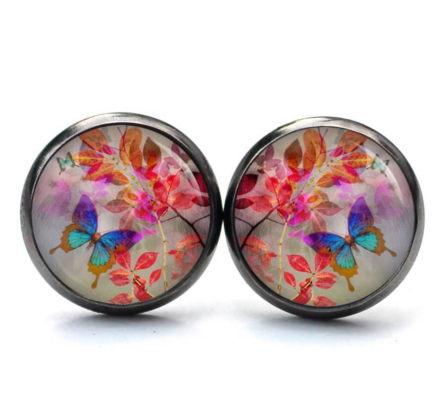 Ohrstecker, Ohrhänger, Clipse & Druckknopf – Motiv bunter Schmetterling mit Blättern – Schmuck aus Edelstahl Ohrstecker, Ohrhänger, Clipse & Druckknopf – Motiv bunter Schmetterling mit Blättern – Schmuck aus Edelstahl