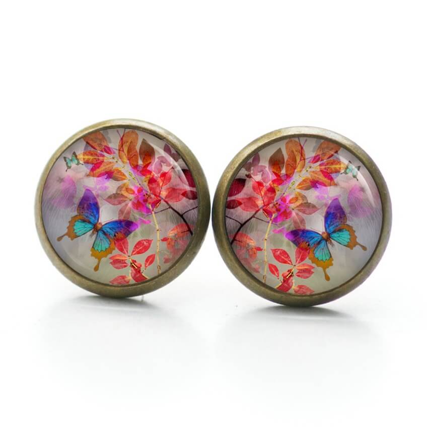 Ohrstecker, Ohrhänger, Clipse & Druckknopf – Motiv bunter Schmetterling mit Blättern – Schmuck aus Edelstahl Ohrstecker, Ohrhänger, Clipse & Druckknopf – Motiv bunter Schmetterling mit Blättern – Schmuck aus Edelstahl