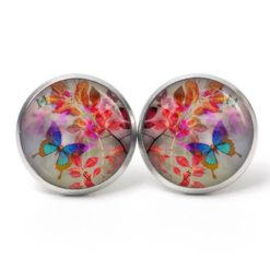 Ohrstecker, Ohrhänger, Clipse & Druckknopf – Motiv bunter Schmetterling mit Blättern – Schmuck aus Edelstahl