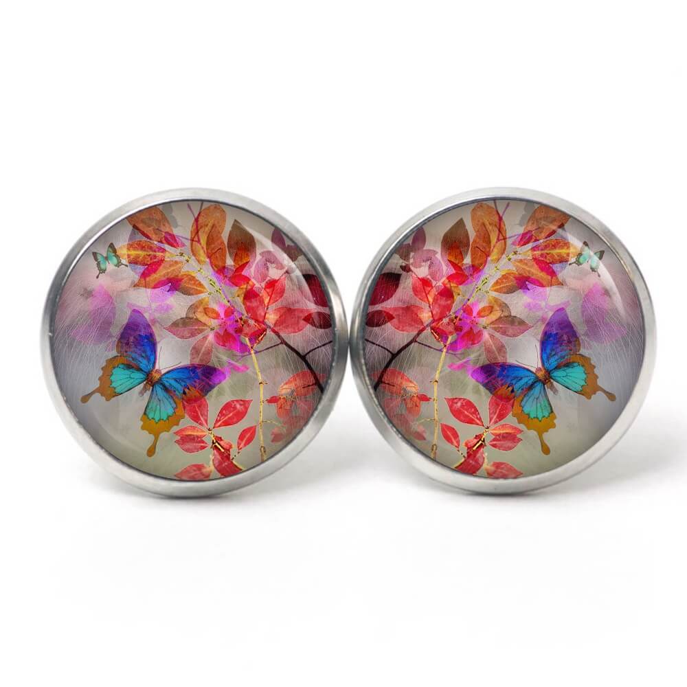 Ohrstecker, Ohrhänger, Clipse & Druckknopf – Motiv bunter Schmetterling mit Blättern – Schmuck aus Edelstahl Ohrstecker, Ohrhänger, Clipse & Druckknopf – Motiv bunter Schmetterling mit Blättern – Schmuck aus Edelstahl