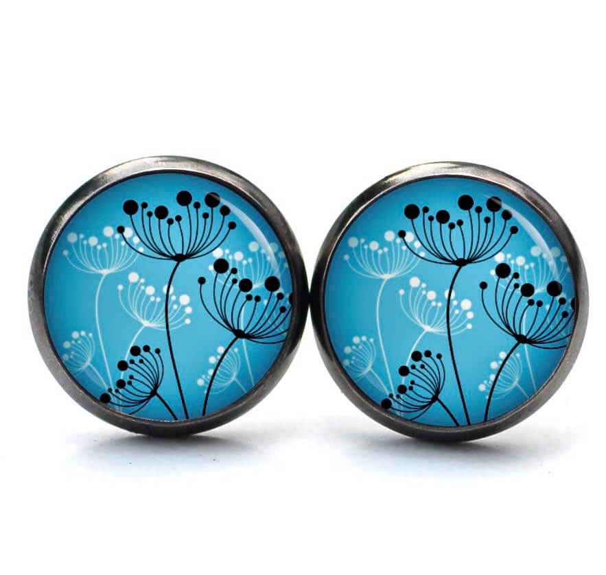 Ohrstecker, Ohrhänger, Clipse & Druckknopf – Motiv abstrakte Pusteblumen in blau schwarz weiß – Schmuck aus Edelstahl Ohrstecker, Ohrhänger, Clipse & Druckknopf – Motiv abstrakte Pusteblumen in blau schwarz weiß – Schmuck aus Edelstahl