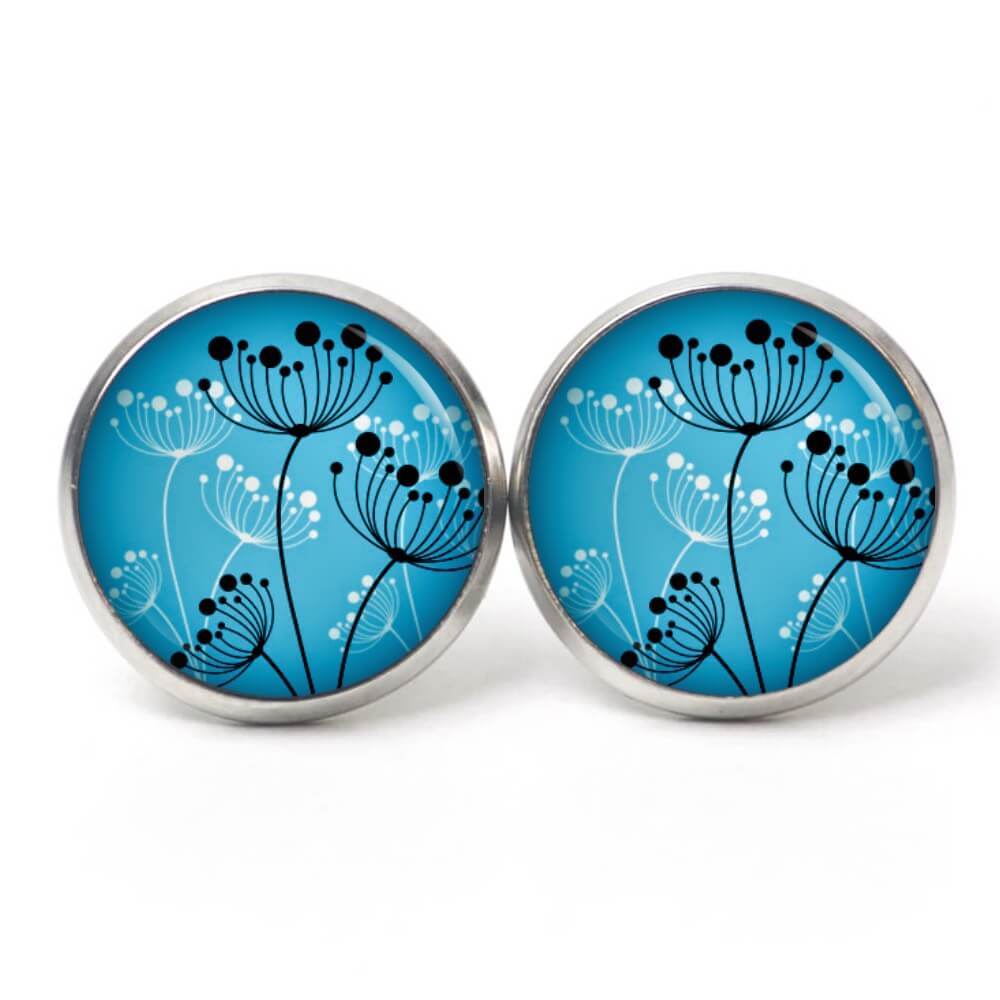 Ohrstecker, Ohrhänger, Clipse & Druckknopf – Motiv abstrakte Pusteblumen in blau schwarz weiß – Schmuck aus Edelstahl Ohrstecker, Ohrhänger, Clipse & Druckknopf – Motiv abstrakte Pusteblumen in blau schwarz weiß – Schmuck aus Edelstahl
