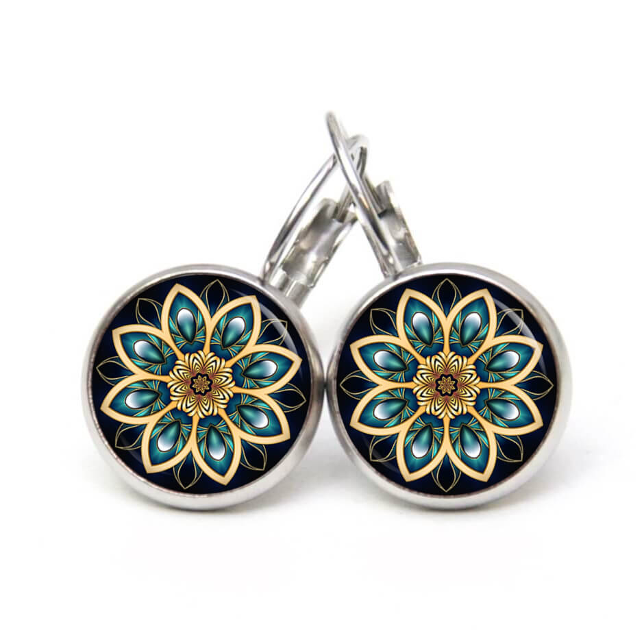 Ohrstecker, Ohrhänger, Clipse & Druckknopf – Motiv Mandala Kaleidoskop Mosaik schwarz emerald gold – Schmuck aus Edelstahl Ohrstecker, Ohrhänger, Clipse & Druckknopf – Motiv Mandala Kaleidoskop Mosaik schwarz emerald gold – Schmuck aus Edelstahl