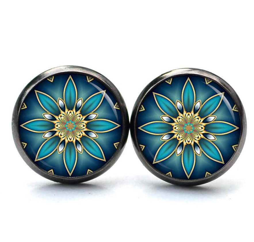 Druckknopf Ohrstecker Ohrhänger Clipse Mandala Kaleidoskop Mosaik schwarz türkis blau Druckknopf Ohrstecker Ohrhänger Clipse Mandala Kaleidoskop Mosaik schwarz türkis blau