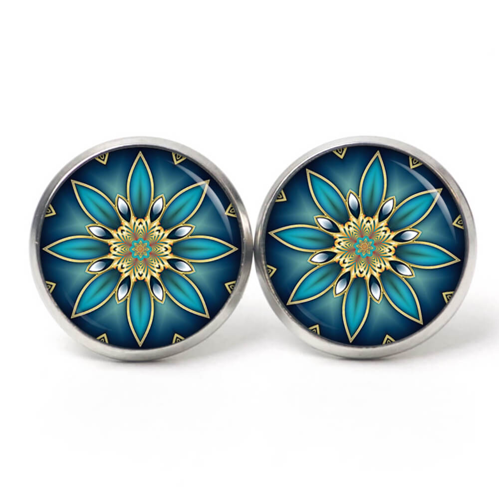 Druckknopf Ohrstecker Ohrhänger Clipse Mandala Kaleidoskop Mosaik schwarz türkis blau Druckknopf Ohrstecker Ohrhänger Clipse Mandala Kaleidoskop Mosaik schwarz türkis blau