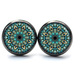 Mandala Schmuckset Türkis – Kette & Ohrringe mit Mandala Motiv – Edelstahl Halskette und Ohrstecker – Boho Schmuck Geschenk Ohrstecker, Ohrhänger, Clipse & Druckknopf – Motiv Mandala Mosaik türkis gold – Schmuck aus Edelstahl