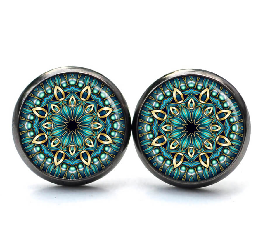 Mandala Schmuckset Türkis – Kette & Ohrringe mit Mandala Motiv – Edelstahl Halskette und Ohrstecker – Boho Schmuck Geschenk Ohrstecker, Ohrhänger, Clipse & Druckknopf – Motiv Mandala Mosaik türkis gold – Schmuck aus Edelstahl