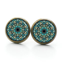 Mandala Schmuckset Türkis – Kette & Ohrringe mit Mandala Motiv – Edelstahl Halskette und Ohrstecker – Boho Schmuck Geschenk Ohrstecker, Ohrhänger, Clipse & Druckknopf – Motiv Mandala Mosaik türkis gold – Schmuck aus Edelstahl