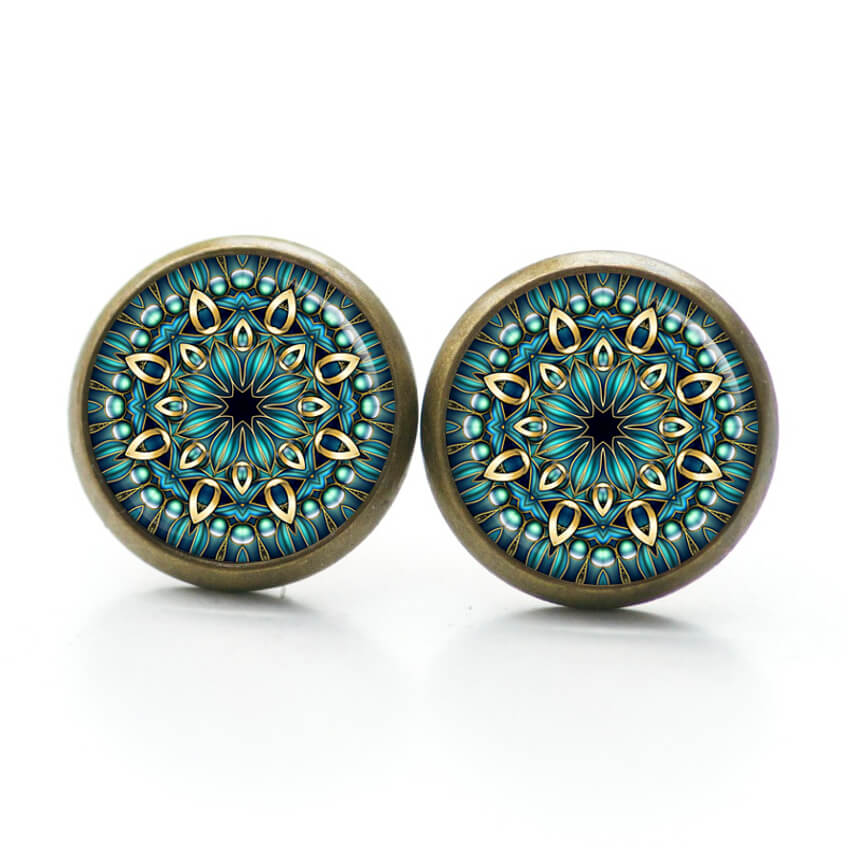 Mandala Schmuckset Türkis – Kette & Ohrringe mit Mandala Motiv – Edelstahl Halskette und Ohrstecker – Boho Schmuck Geschenk Ohrstecker, Ohrhänger, Clipse & Druckknopf – Motiv Mandala Mosaik türkis gold – Schmuck aus Edelstahl