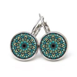 Mandala Schmuckset Türkis – Kette & Ohrringe mit Mandala Motiv – Edelstahl Halskette und Ohrstecker – Boho Schmuck Geschenk Ohrstecker, Ohrhänger, Clipse & Druckknopf – Motiv Mandala Mosaik türkis gold – Schmuck aus Edelstahl