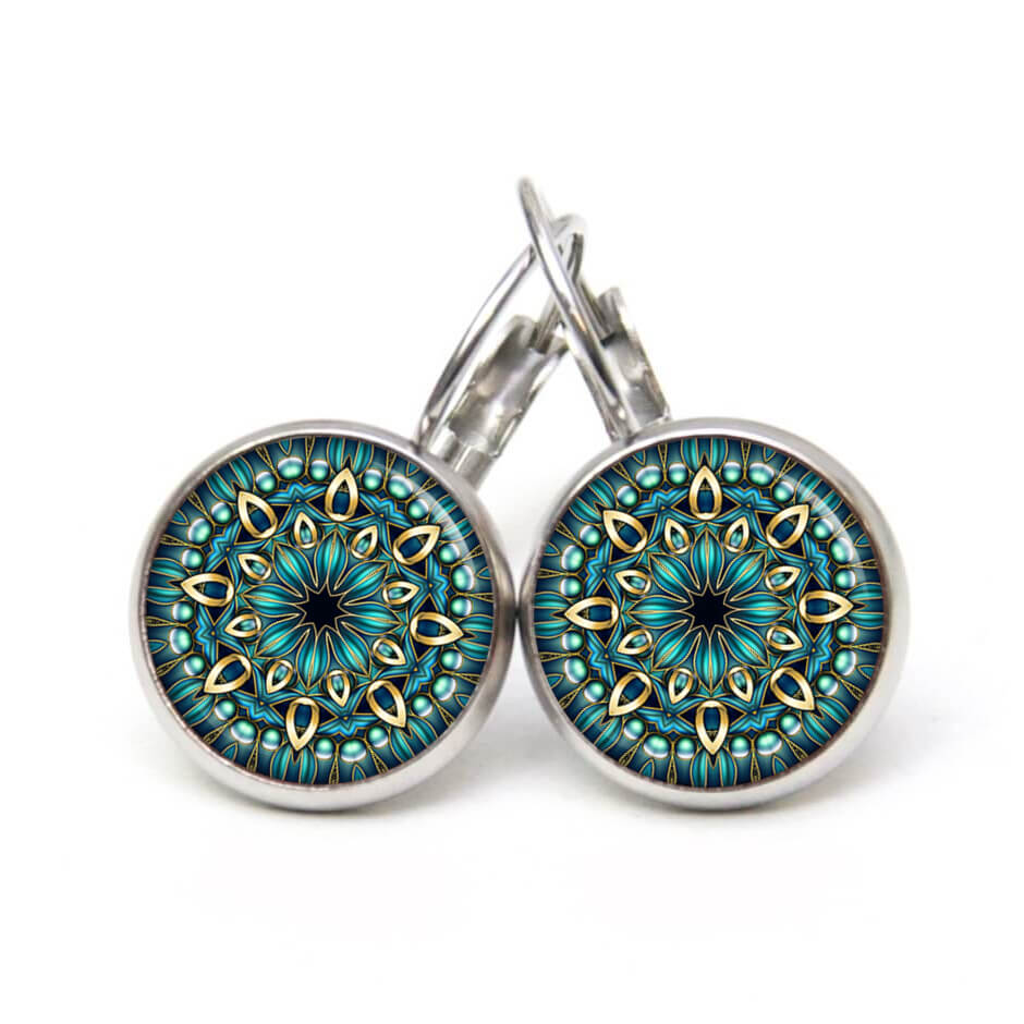 Mandala Schmuckset Türkis – Kette & Ohrringe mit Mandala Motiv – Edelstahl Halskette und Ohrstecker – Boho Schmuck Geschenk Ohrstecker, Ohrhänger, Clipse & Druckknopf – Motiv Mandala Mosaik türkis gold – Schmuck aus Edelstahl
