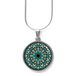 Mandala Schmuckset Türkis – Kette & Ohrringe mit Mandala Motiv – Edelstahl Halskette und Ohrstecker – Boho Schmuck Geschenk Ohrstecker, Ohrhänger, Clipse & Druckknopf – Motiv Mandala Mosaik türkis gold – Schmuck aus Edelstahl