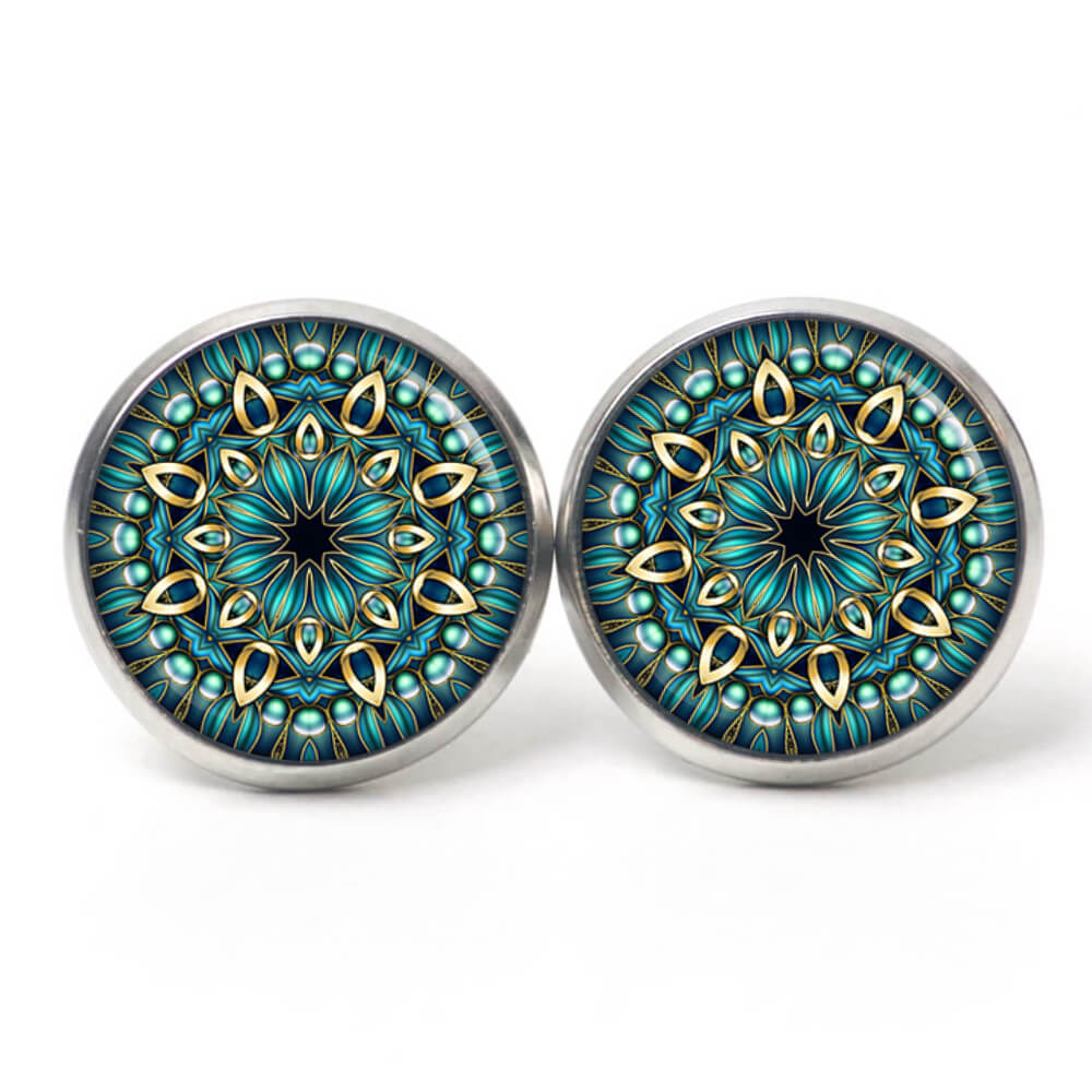 Mandala Schmuckset Türkis – Kette & Ohrringe mit Mandala Motiv – Edelstahl Halskette und Ohrstecker – Boho Schmuck Geschenk Ohrstecker, Ohrhänger, Clipse & Druckknopf – Motiv Mandala Mosaik türkis gold – Schmuck aus Edelstahl