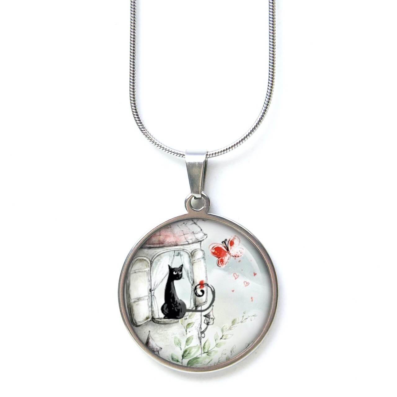 Edelstahl Kette Katze mit roten Schmetterling – verschiedene Längen Edelstahl Kette Katze mit roten Schmetterling - verschiedene Längen