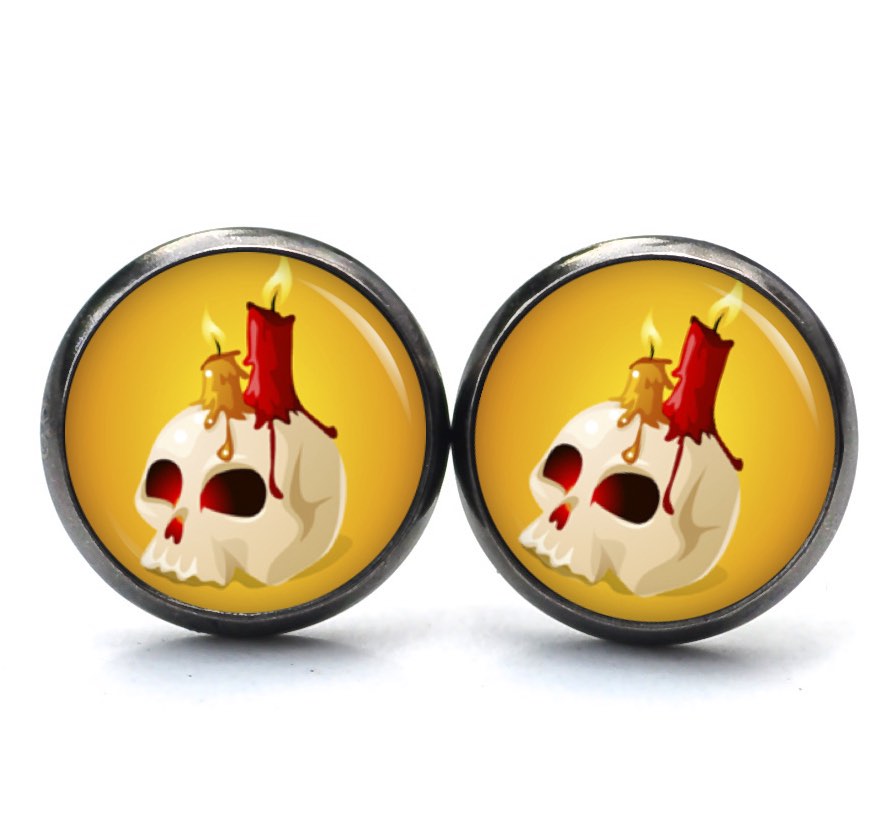 Druckknopf Ohrstecker Ohrhänger Clipse Totenkopf mit roter Kerze Druckknopf Ohrstecker Ohrhänger Clipse Totenkopf mit roter Kerze