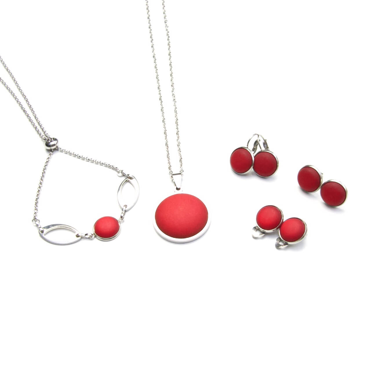 Edelstahl Polaris Schmuck Set in Rubinrot – Kette, Ohrringe und Armband Edelstahl Polaris Schmuck Set in Rubinrot - Kette, Ohrringe und Armband