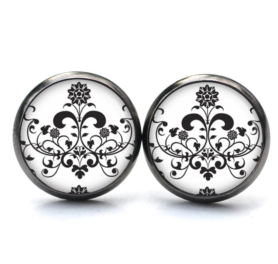 Ohrstecker, Ohrhänger, Clipse & Druckknopf – Motiv Florales Ornament Schwarz Weiß – Schmuck aus Edelstahl Ohrstecker, Ohrhänger, Clipse & Druckknopf - Motiv Florales Ornament Schwarz Weiß - Schmuck aus Edelstahl