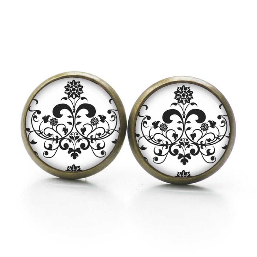 Ohrstecker, Ohrhänger, Clipse & Druckknopf – Motiv Florales Ornament Schwarz Weiß – Schmuck aus Edelstahl Ohrstecker, Ohrhänger, Clipse & Druckknopf - Motiv Florales Ornament Schwarz Weiß - Schmuck aus Edelstahl
