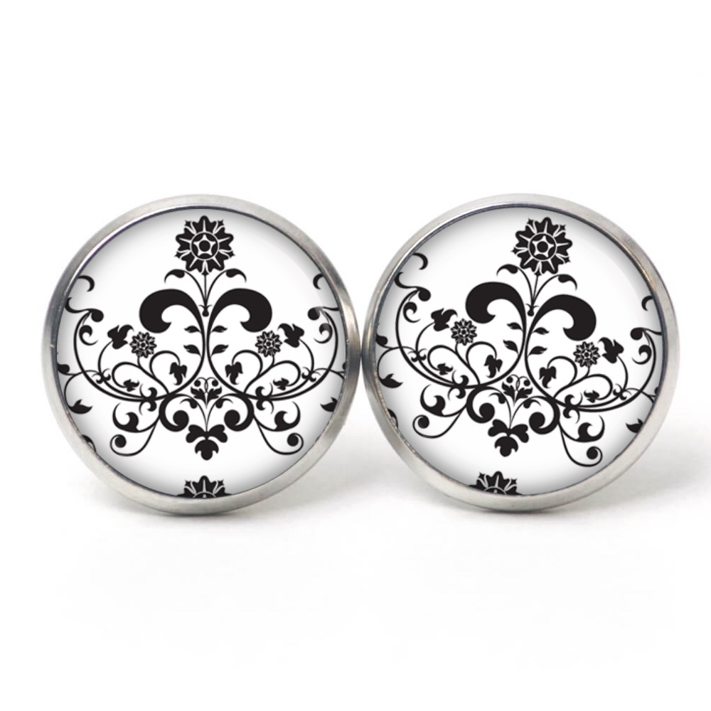 Ohrstecker, Ohrhänger, Clipse & Druckknopf – Motiv Florales Ornament Schwarz Weiß – Schmuck aus Edelstahl Ohrstecker, Ohrhänger, Clipse & Druckknopf - Motiv Florales Ornament Schwarz Weiß - Schmuck aus Edelstahl