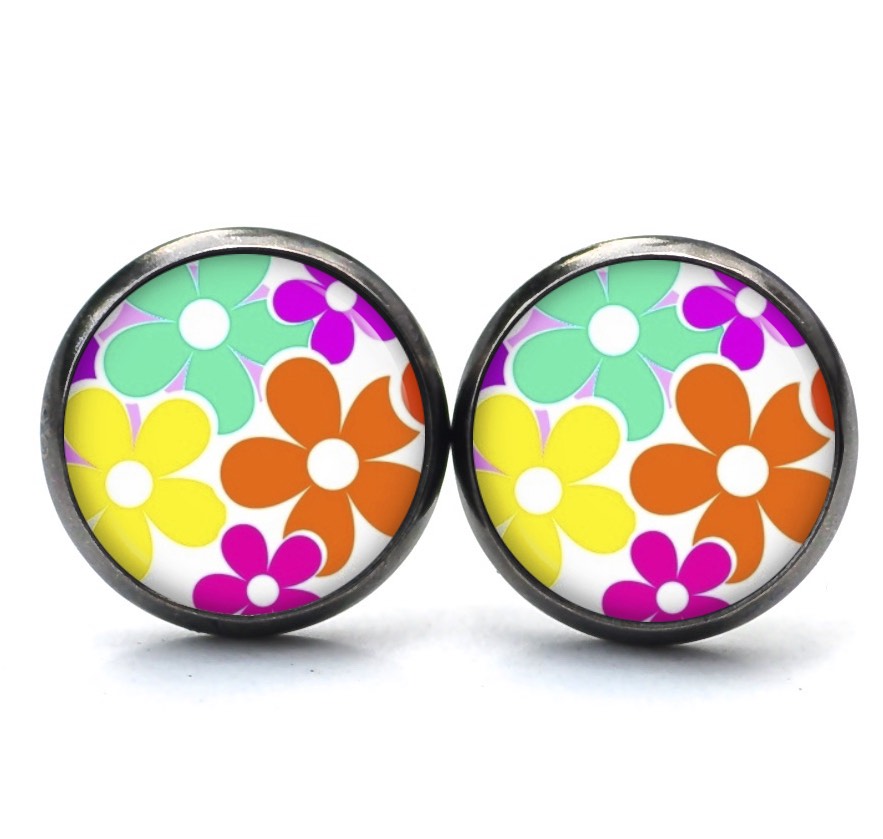 Ohrstecker, Ohrhänger, Clipse & Druckknopf – Motiv Flower Power gelb grün orange 60er Jahre – Schmuck aus Edelstahl Ohrstecker, Ohrhänger, Clipse & Druckknopf – Motiv Flower Power gelb grün orange 60er Jahre – Schmuck aus Edelstahl
