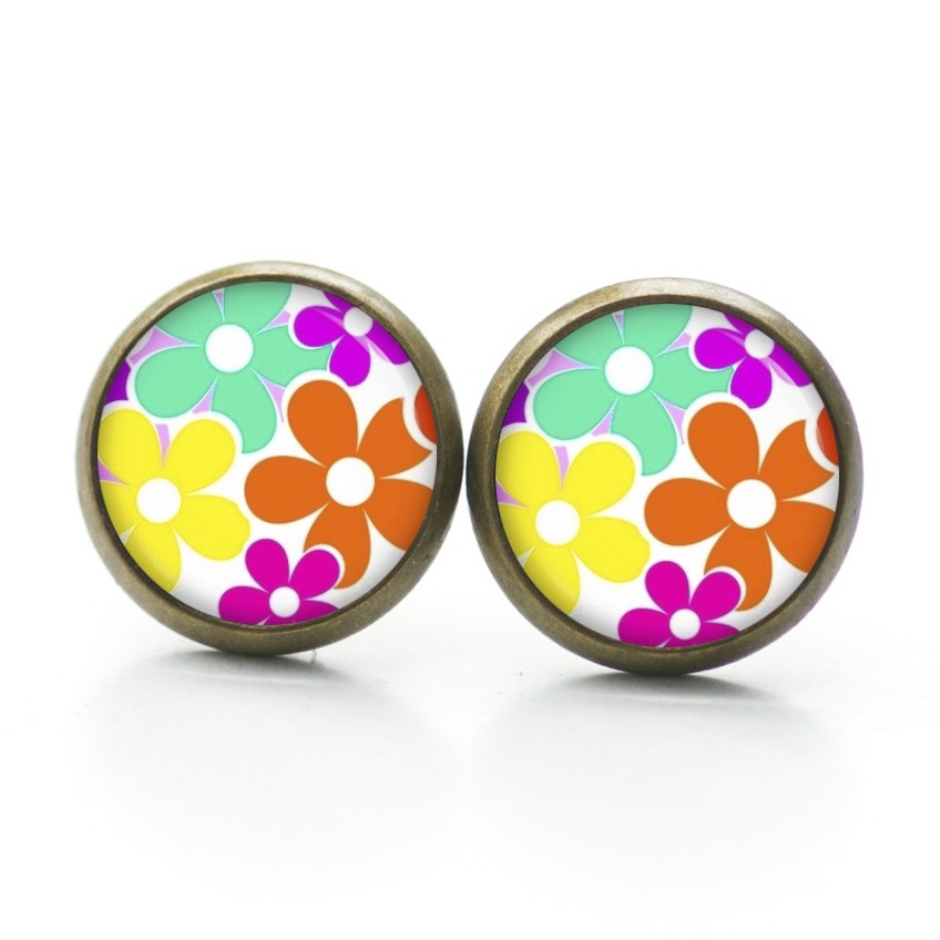 Ohrstecker, Ohrhänger, Clipse & Druckknopf – Motiv Flower Power gelb grün orange 60er Jahre – Schmuck aus Edelstahl Ohrstecker, Ohrhänger, Clipse & Druckknopf – Motiv Flower Power gelb grün orange 60er Jahre – Schmuck aus Edelstahl