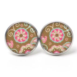 Ohrstecker, Ohrhänger, Clipse & Druckknopf - Motiv Boho Paisley Blumen Braun Rosa  - Schmuck aus Edelstahl