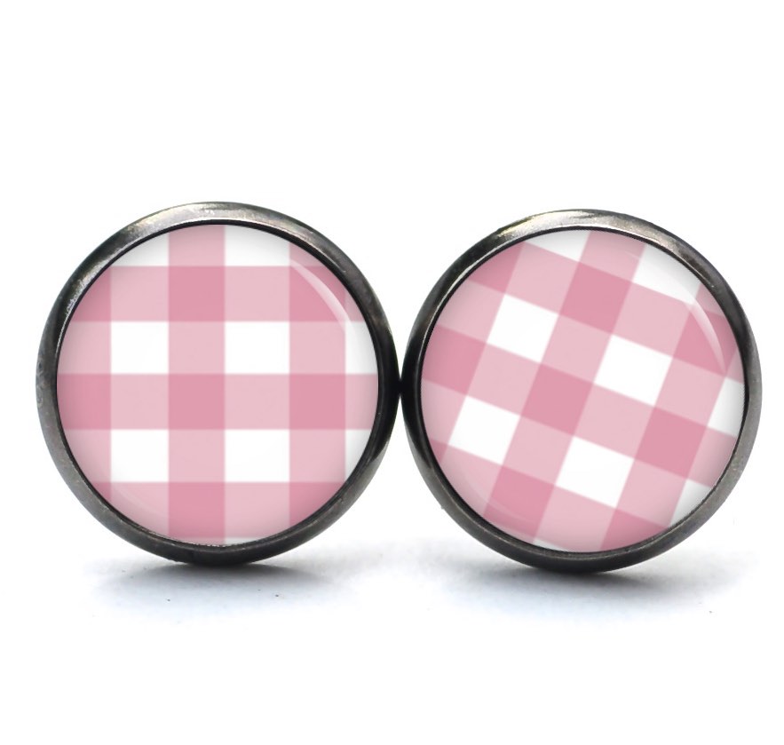 Ohrstecker, Ohrhänger, Clipse & Druckknopf – Motiv Karo Muster Rosa Weiß – Schmuck aus Edelstahl Ohrstecker, Ohrhänger, Clipse & Druckknopf - Motiv Karo Muster Rosa Weiß - Schmuck aus Edelstahl