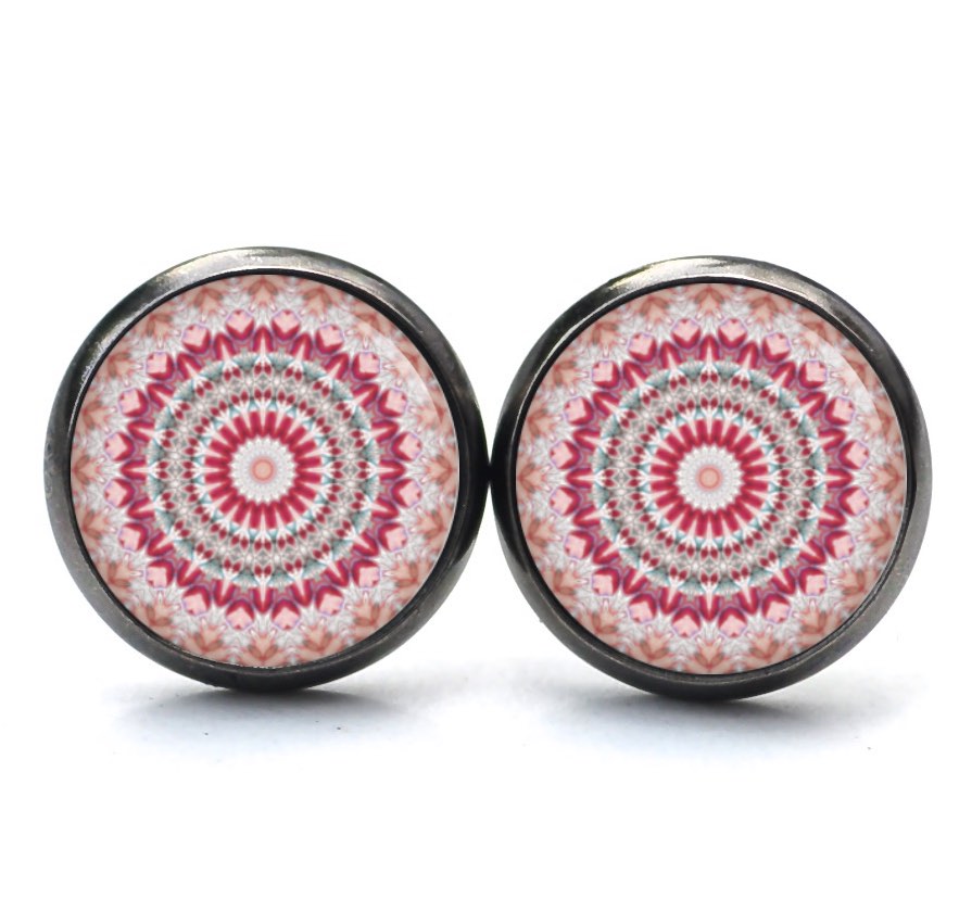 Druckknopf Ohrstecker Ohrhänger Clipse Mandala Mosaik rot rosa Druckknopf Ohrstecker Ohrhänger Clipse Mandala Mosaik rot rosa