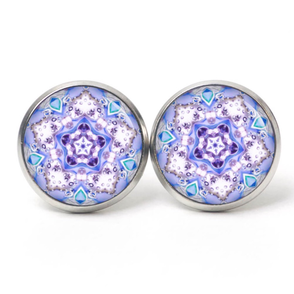 Druckknopf Ohrstecker Ohrhänger Clipse Mandala Mosaik blau lila Druckknopf Ohrstecker Ohrhänger Clipse Mandala Mosaik blau lila