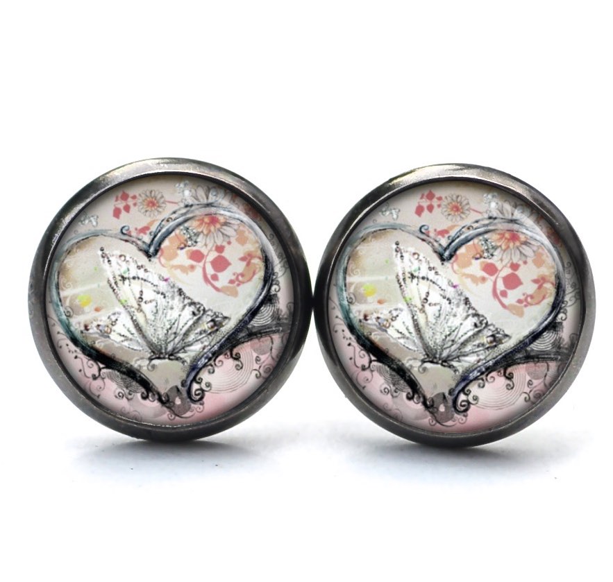 Druckknopf Ohrstecker Ohrhänger Clipse Herz mit Schmetterling Druckknopf Ohrstecker Ohrhänger Clipse Herz mit Schmetterling