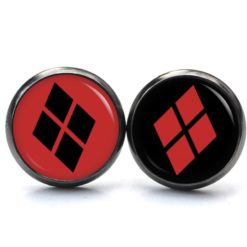 Druckknopf Ohrstecker Ohrhänger Clipse Harley Quinn rot schwarz Karo Druckknopf Ohrstecker Ohrhänger Clipse Harley Quinn rot schwarz Karo