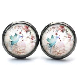 Druckknopf Ohrstecker Ohrhänger Clipse Taube mit Blumen rosa blau Druckknopf Ohrstecker Ohrhänger Clipse Taube mit Blumen rosa blau
