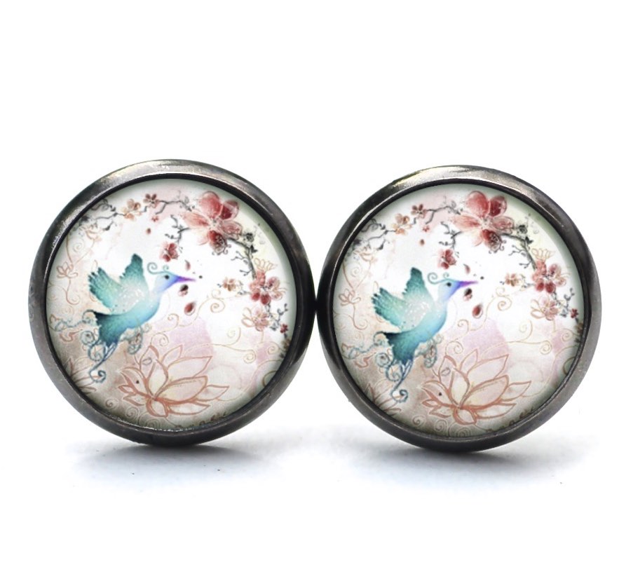 Druckknopf Ohrstecker Ohrhänger Clipse Taube mit Blumen rosa blau Druckknopf Ohrstecker Ohrhänger Clipse Taube mit Blumen rosa blau