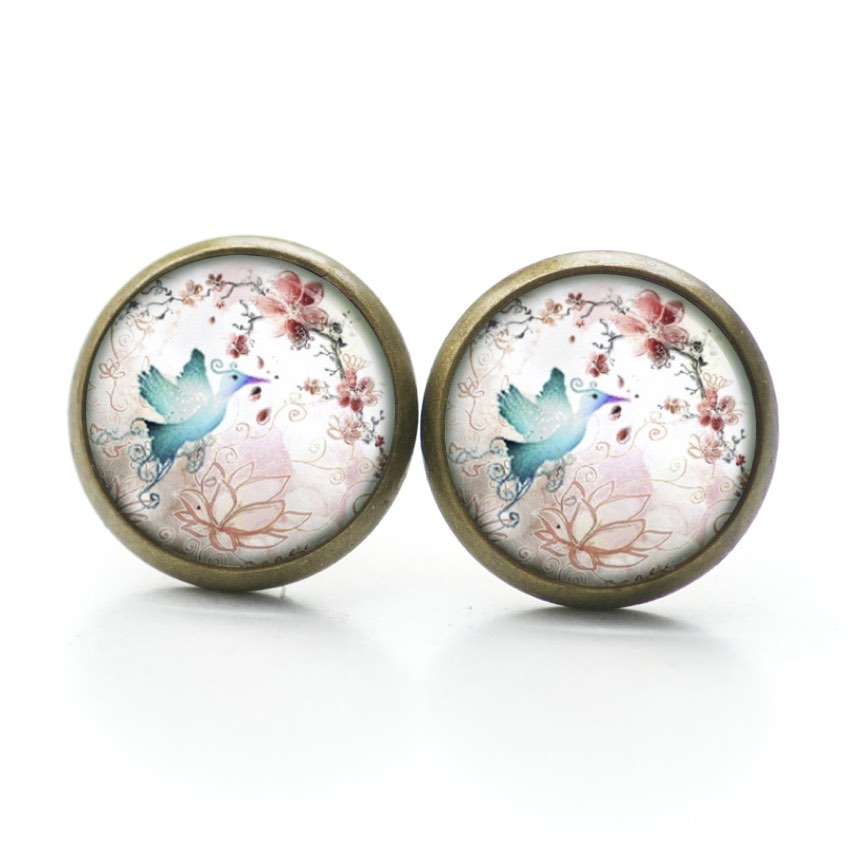 Druckknopf Ohrstecker Ohrhänger Clipse Taube mit Blumen rosa blau Druckknopf Ohrstecker Ohrhänger Clipse Taube mit Blumen rosa blau