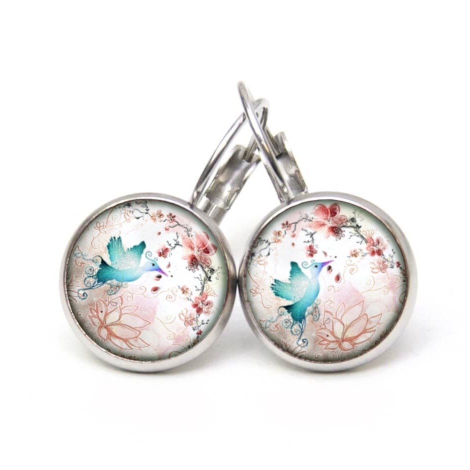 Druckknopf Ohrstecker Ohrhänger Clipse Taube mit Blumen rosa blau Druckknopf Ohrstecker Ohrhänger Clipse Taube mit Blumen rosa blau