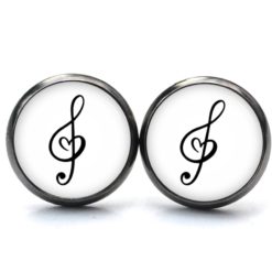 Ohrstecker, Ohrhänger, Clipse & Druckknopf – Motiv Herz Musik Notenschlüssel schwarz weiß – Schmuck aus Edelstahl Ohrstecker, Ohrhänger, Clipse & Druckknopf – Motiv Herz Musik Notenschlüssel schwarz weiß – Schmuck aus Edelstahl
