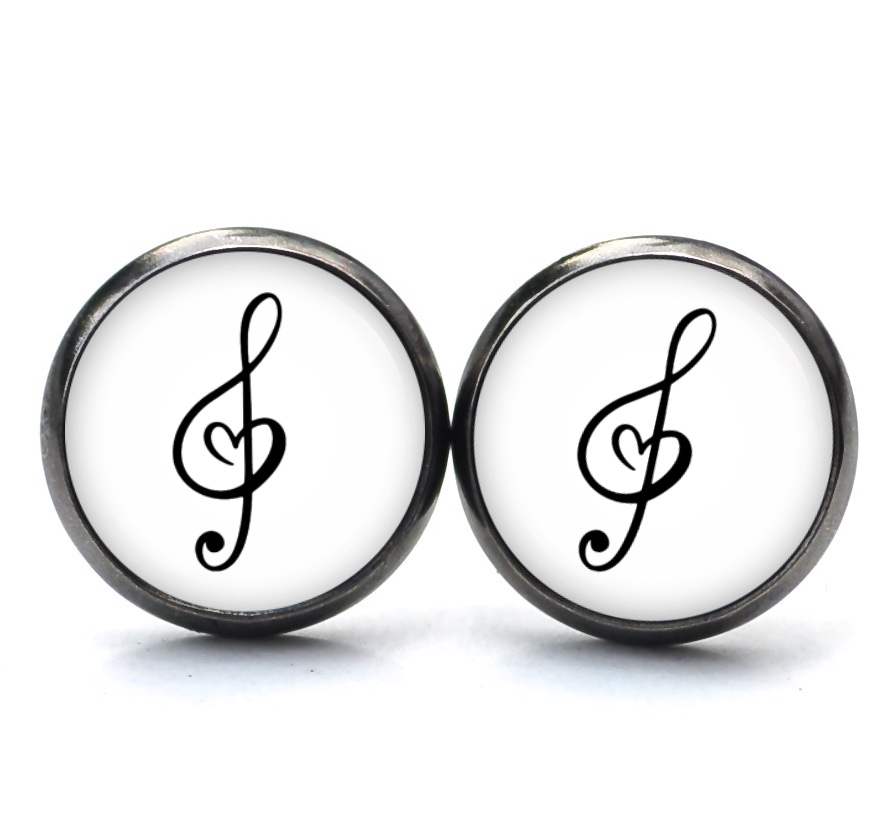 Ohrstecker, Ohrhänger, Clipse & Druckknopf – Motiv Herz Musik Notenschlüssel schwarz weiß – Schmuck aus Edelstahl Ohrstecker, Ohrhänger, Clipse & Druckknopf – Motiv Herz Musik Notenschlüssel schwarz weiß – Schmuck aus Edelstahl